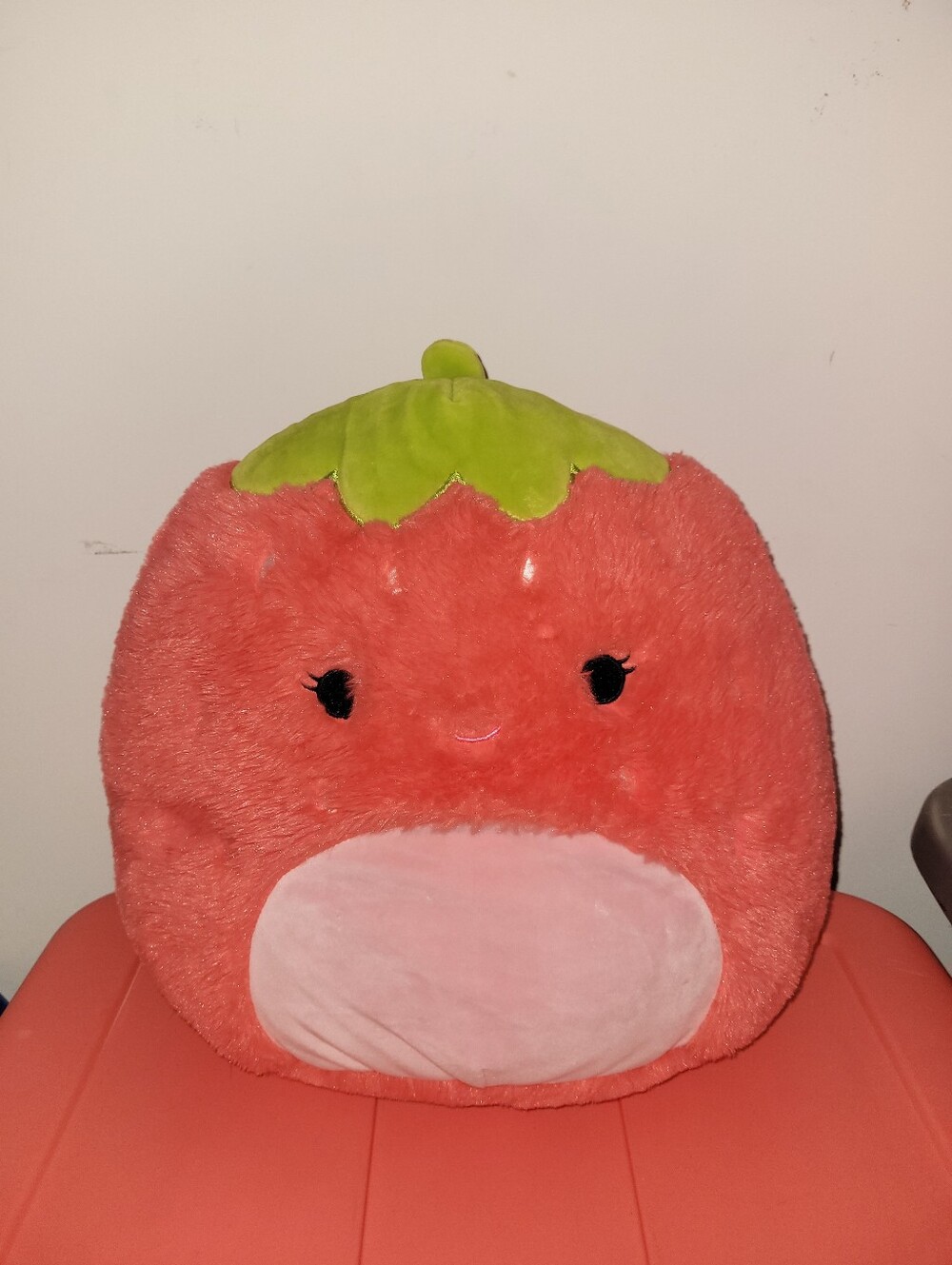Plush Strawberry Pillow Toy - Coral Pink with Lime Leaf Fuzz Mallows